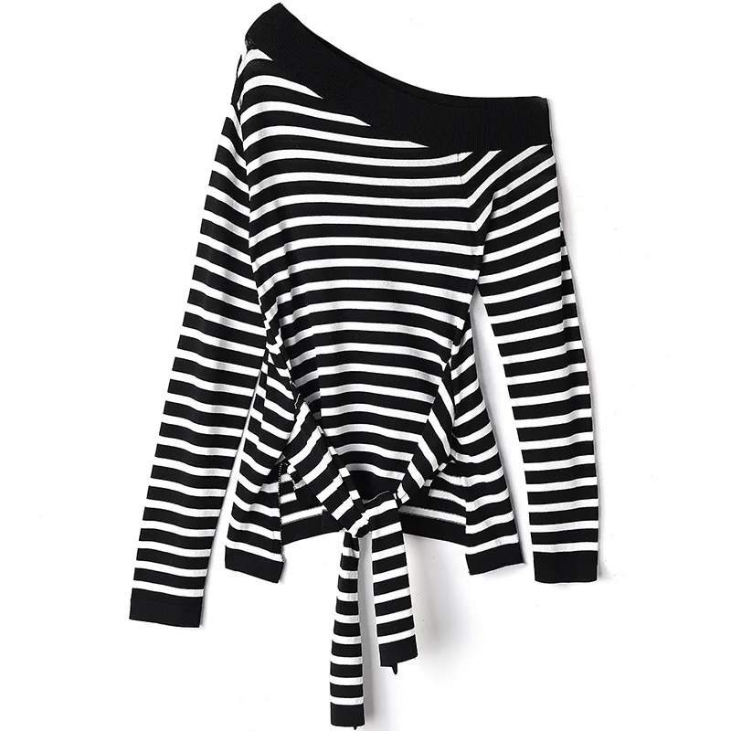 Striped one off shoulder elastic knit pullovers sweater shirts 2018 new long sleeve women autumn sweater