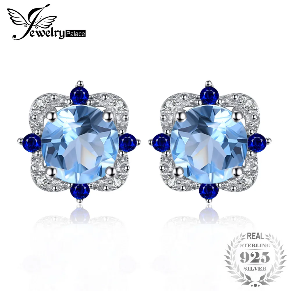 

JewelryPalace Fashion Stud Earrings 2.27ct Round Natural Sky Blue Topaz Inlay Sapphire 925 Sterling Silver Vintage Fine Jewelry