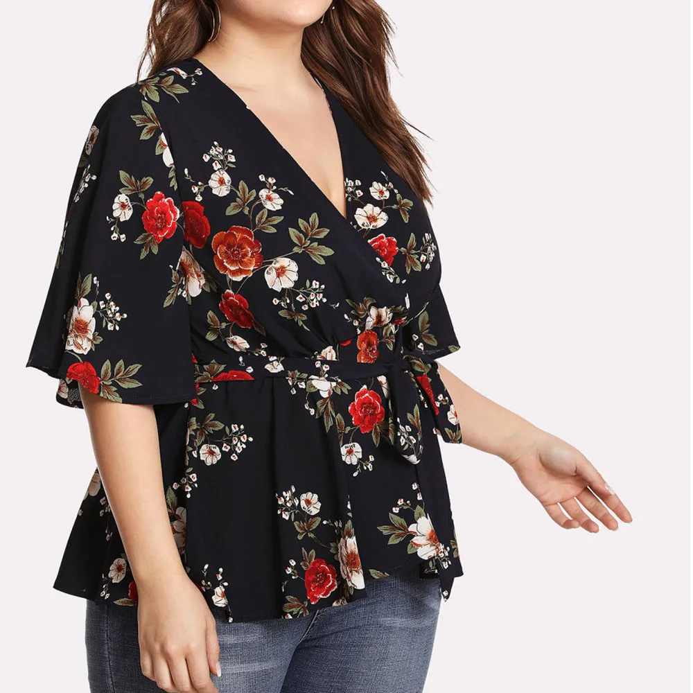 

Women's Blouse Plus Size Sexy V-Neck Floral Print Flare Sleeve Belted Surplice Peplum Tops belt Blouse blusas feminina 1A16 RED