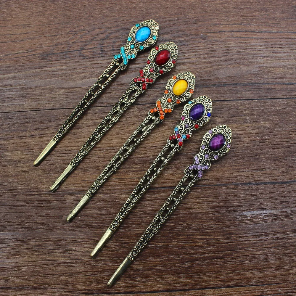 Vintage Rhinestone Metal Bridal Hair Sticks For Women Antique Gold Hair