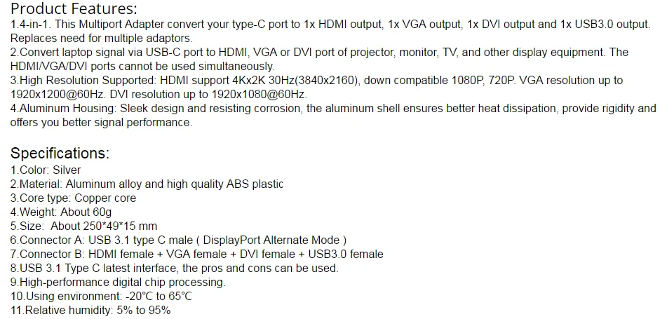 BESIUNI 4 в 1 type C папа-HDMI+ VGA+ DVI+ USB 3,0 Женский видео адаптер Алюминиевый адаптер 4K 1080P конвертер для Macbook