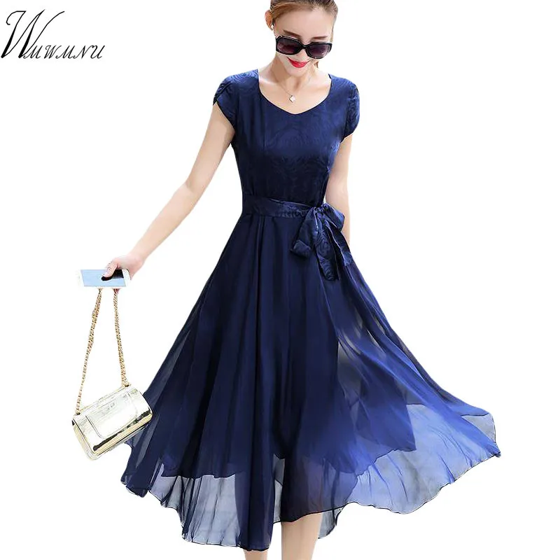 

Mom's High-quality Pure color chiffon ruffle dress Fashion slim waist A-line party dresses women summer streetwear plus size 4XL