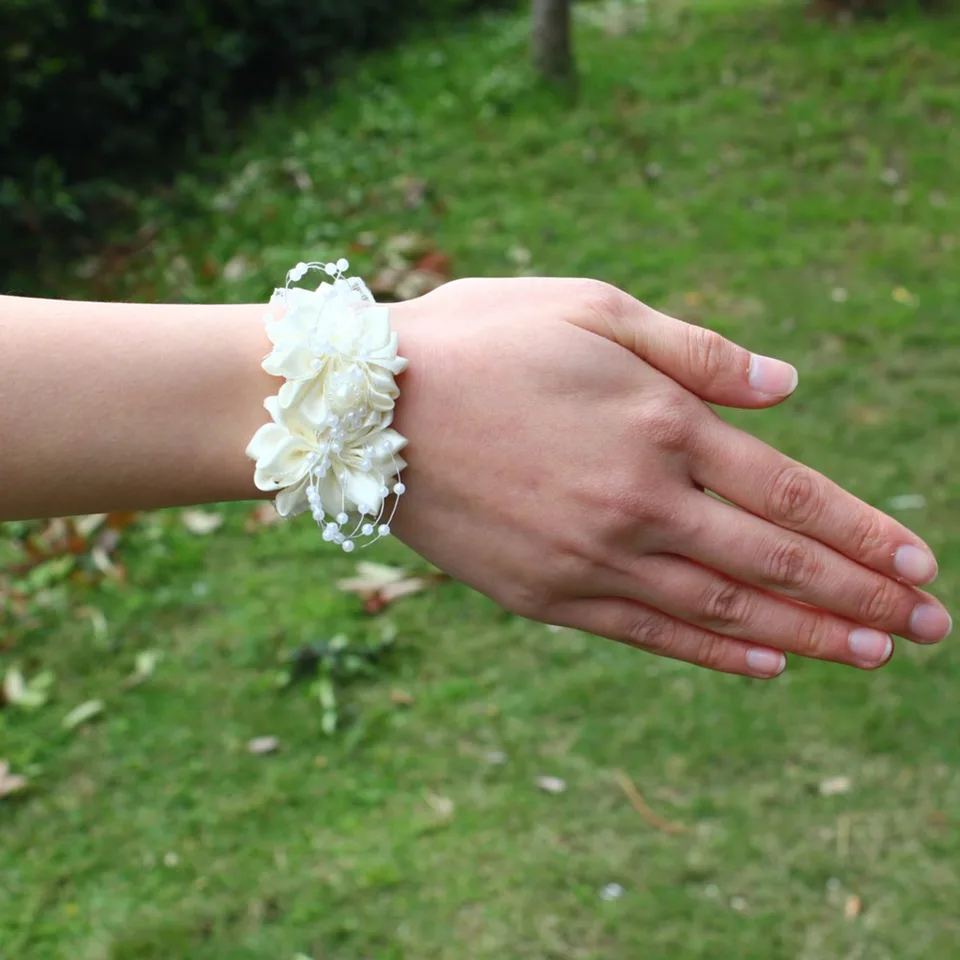 Flower Bracelet Wrist Corsage Bead Ribbon Bridemaid Wedding Dance Prom Bracelet