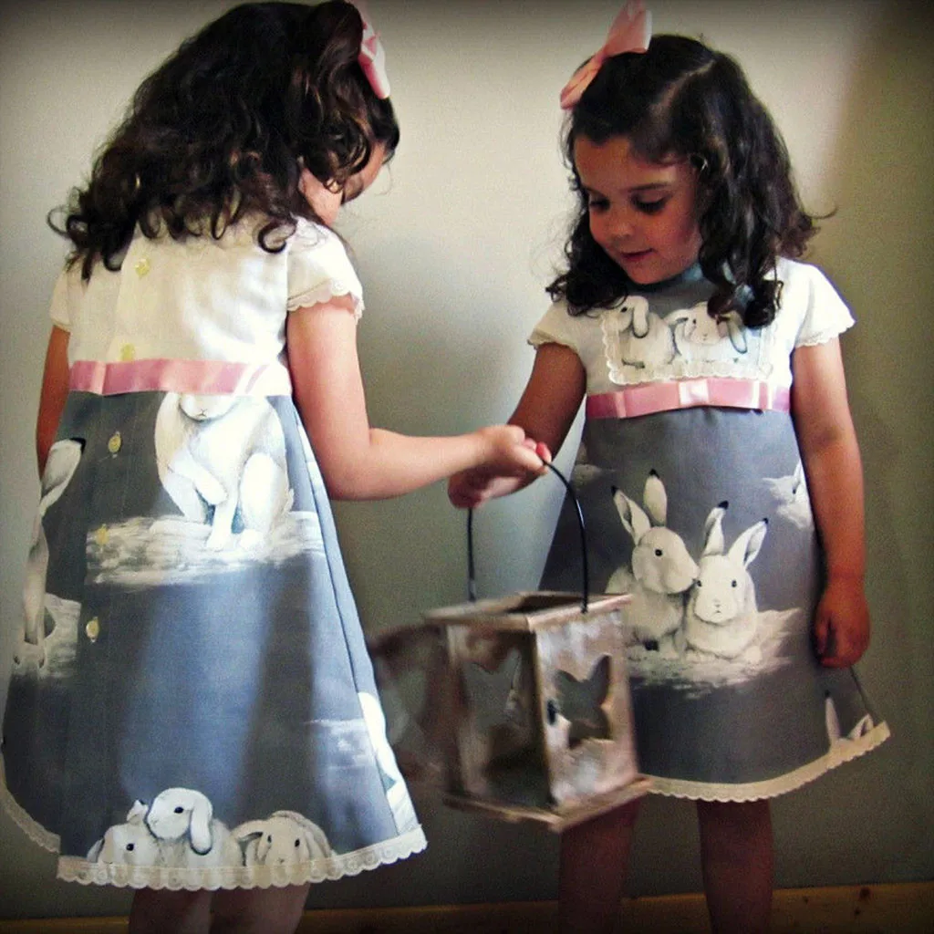 Little Girl Ceremonies Dress Cotton Rabbit Print Kids Dresses for Girls Clothes Short Sleeve Wedding Party Easter Day Gown W606 | Детская