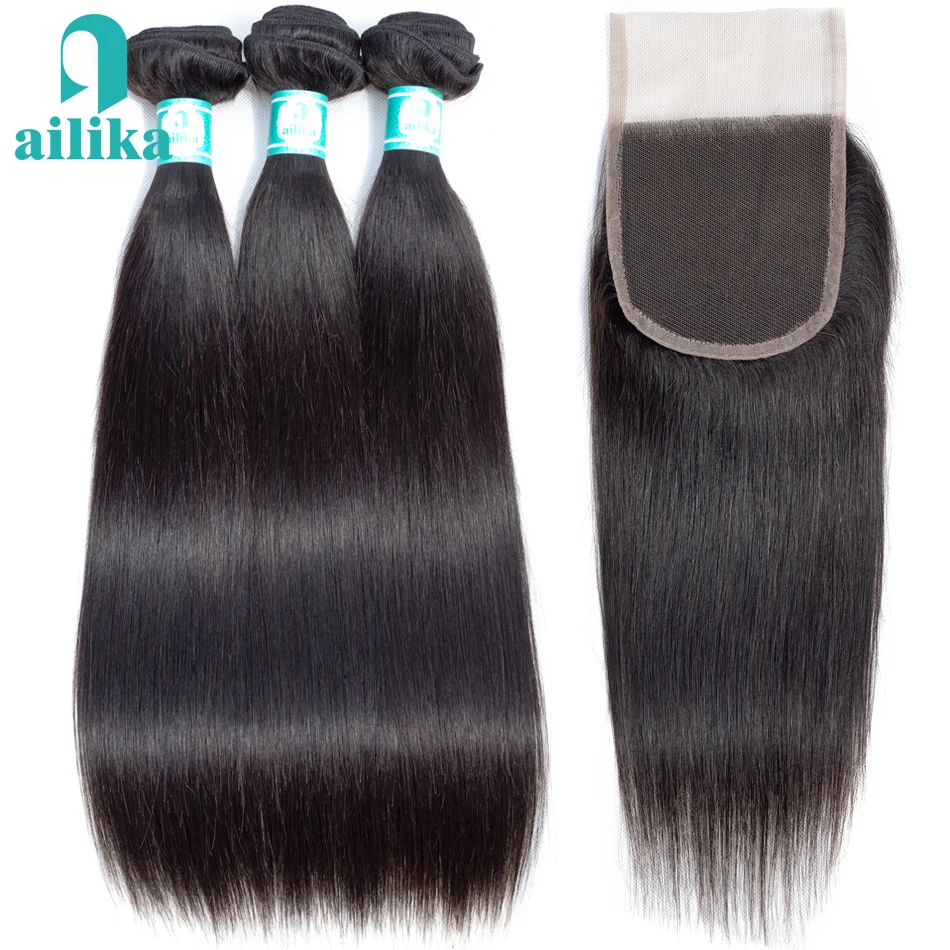 

AILIKA Hair Brazilian Straight Hair Bundles With Closure Non-remy 3 Bundles With Closure Human Hair Bundles With Closure