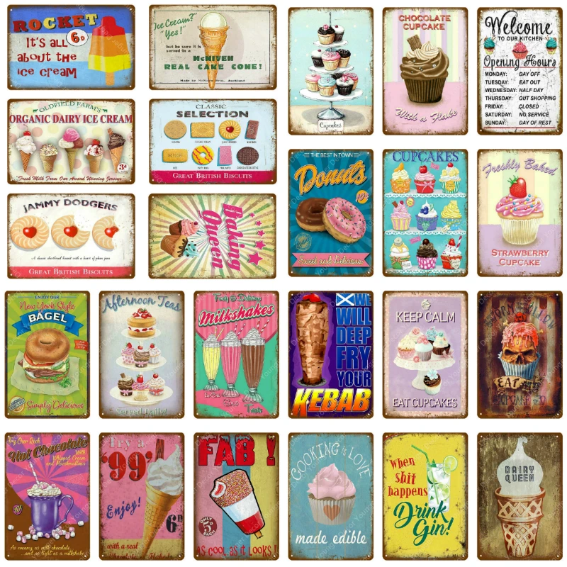 

Chocolate Cupcake Metal Signs Rocket Ice Cream Donuts Tin Poster Food Drinks Gin Plate For Kitchen Home Cafe Bar Decoration