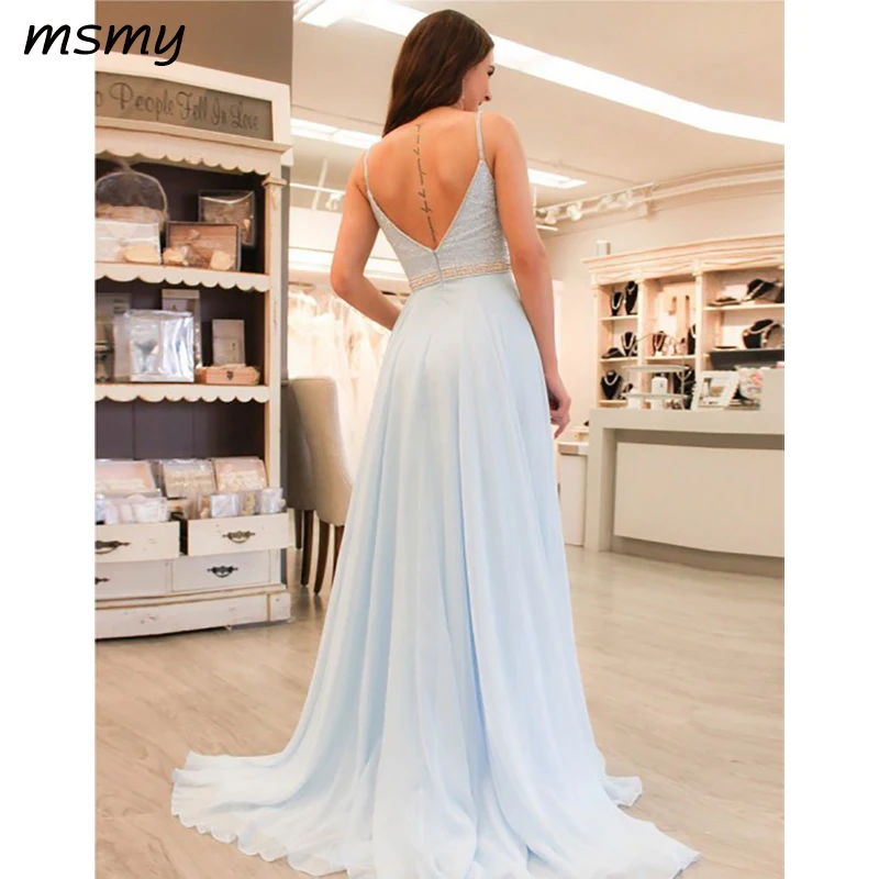 Elegant Evening Dresses A-Line Chiffion Sleeveless V-Neck Floor Length Sweep Train Evening Gowns Custom Made Vestido de noche