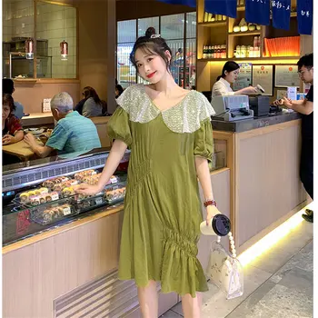 

HziriP Pregnancy Cotton Linen Women Pleated Casual Female 2019 Summer Ruffles Sequin Loose Simple Fresh Elegant Maternity Dress