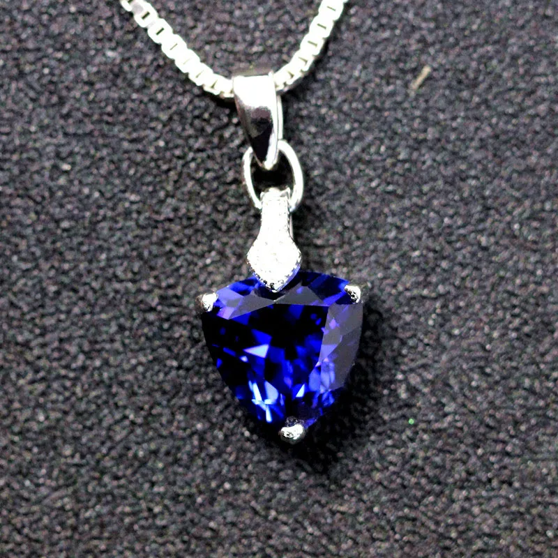 fashion triangle blue stone pendant necklace with chain silver jewelry The royal blue corundum women gifts free shipping image_1