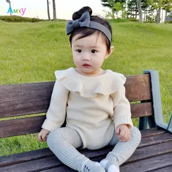 

AIMEIXIUYI 2018 New Spring Baby Long Sleeve Peter Pan Collar Rompers Jumpsuits Infant Girls Clothes Beige Pink Knitted Overalls