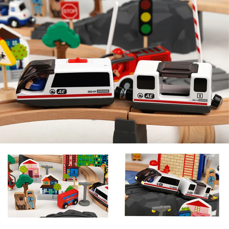 Электрический магнитный деревянный поезд трек пожарная полицейская железная дорога модель автомобиля паззлы деревянные Ранние развивающие игрушки для детей Brio