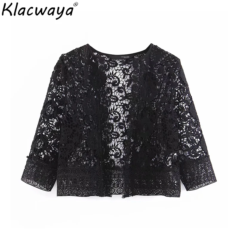 

Klacwaya women black lace kimono shirts 2019 summer fashion ladies sexy short cardigan blouses party girls sweet tops femme chic