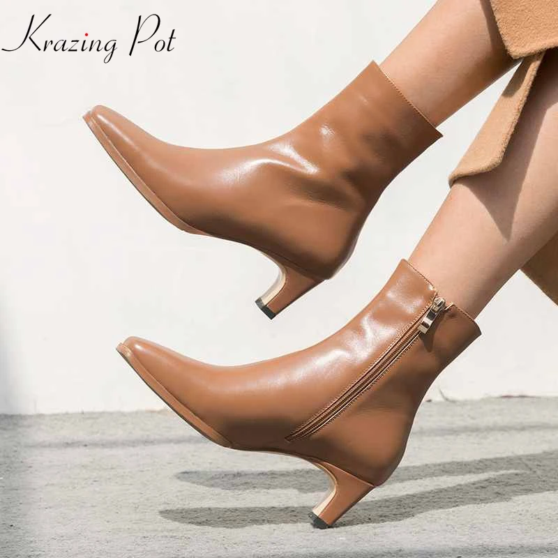 

Krazing Pot genuine leather square toe superstar med heels winter plus size zipper handmade limit customization ankle boots L11