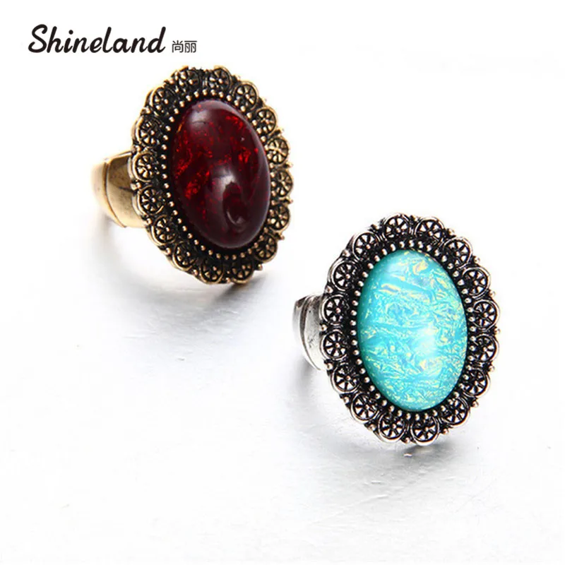 

Shineland Blue Stone Ring Vintage Ring for Women Anti Gold Silver color Carving Adjustable Personality Ring Fashion Jewelry