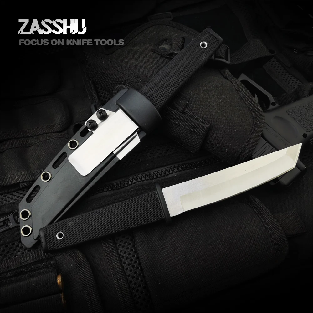Buy ZASSHU Cold Steel Hunting Fixed Blade Knife 440C Stainless Steel Long Kraton Plastic Handle Outdoor Tactical Knife ABS Sheath