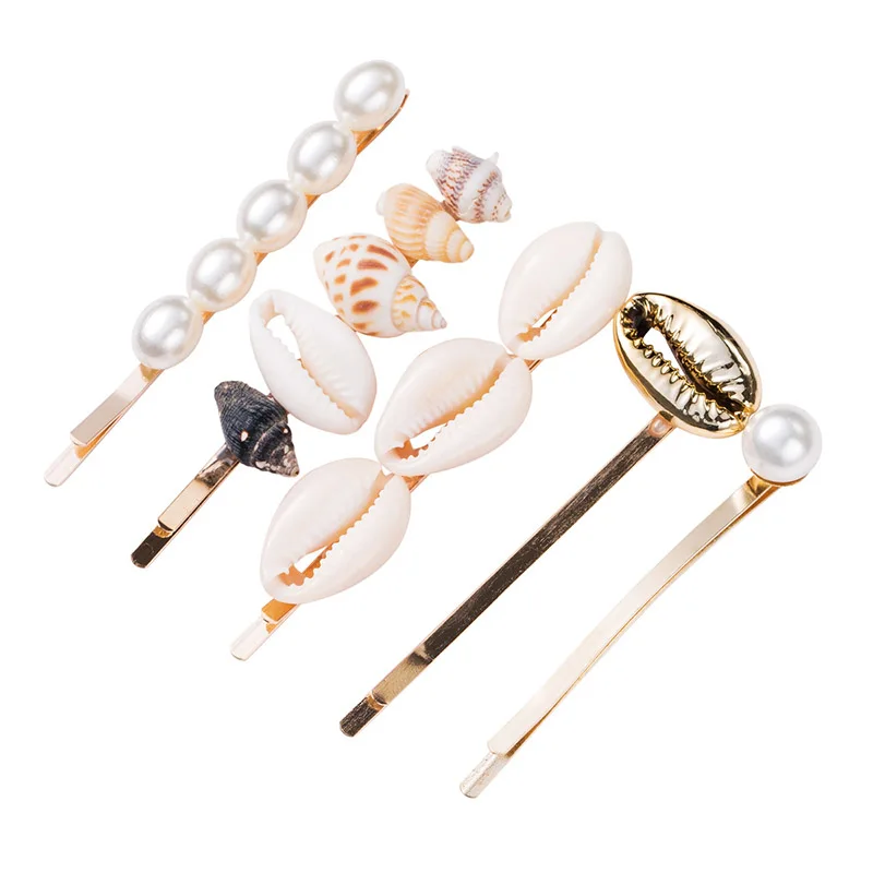 5pcs/set New Marine Style Metal Gold Shell Conch Pearl Hairpins Hair Clips for Women Hairgrip Beach Hair Accessories - Цвет: 1