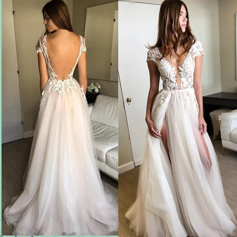 

Sexy Deep V Neck Lace Wedding Dress 2019 Backless High Split Tulle Bridal Gowns Vestido de novia Floor Length Wedding Gowns