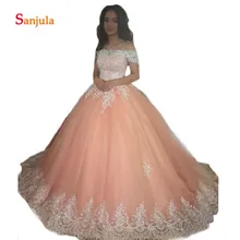 Коралловые тюлевые кружевные пышные платья цвета слоновой кости Бальные платья с вырезом лодочкой и открытыми плечами милые 16 Платья vestidos Quinceanera D848