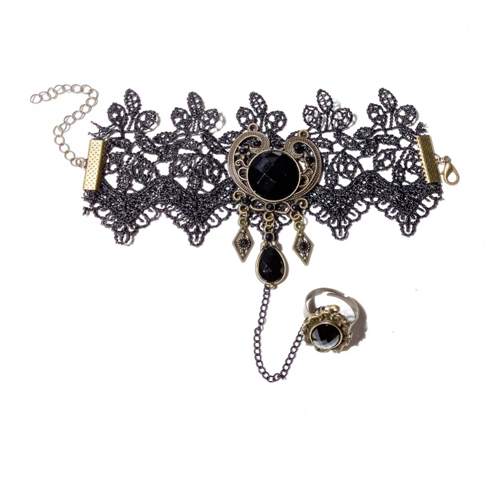 

BRT0068 Fashion Jewelry Gothic Handcrafted Vintage Silk Lace Vampire Ring Black Gem Bracelet Set