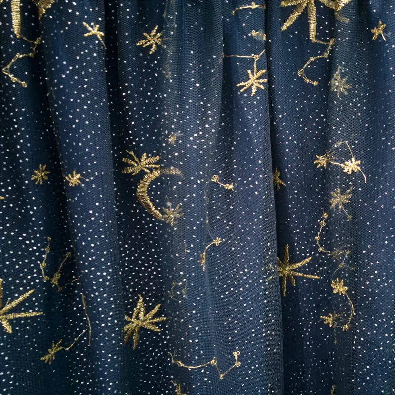 Флектит Золотая Луна Звезда вышитая Тюлевая юбка винтажная полупрозрачная ткань Высокая талия плиссированная юбка миди для женщин