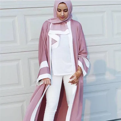 new Casual Muslim Abaya Striped Dress Scarf Cardigan Long Robes Kimono Ramadan Middle East Thobe Service Islamic Clothing - Цвет: Розовый