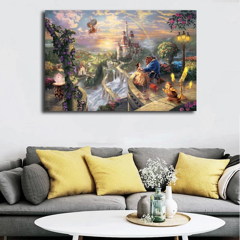

Beauty And The Beast Falling In Love By Thomas Kinkade HD Art Canvas Poster Painting Wall Picture Print Home Bedroom Decoration