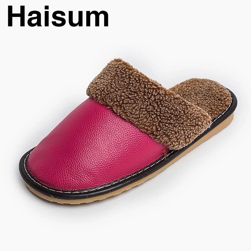 

Ladies Slippers Winter genuine Leather Thick With Plush Home Indoor Non-slip Thermal Slippers 2018 New Hot Sale Haisum H-8812