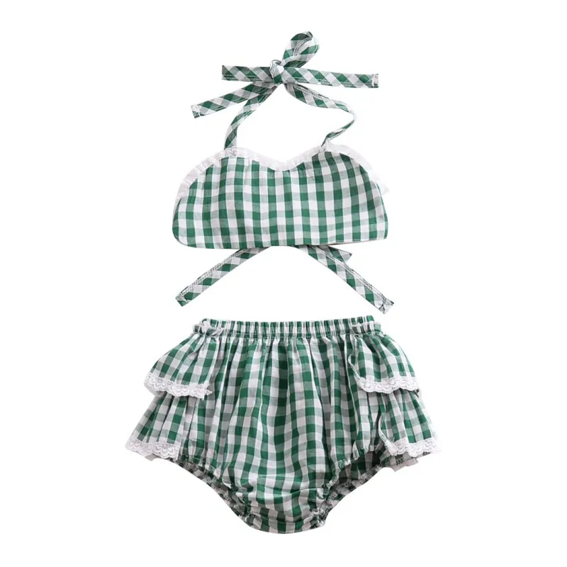 Летние Детские лямки для купальников, клетчатые топы с принтом, трусы, детский купальник для девочек, комплект бикини