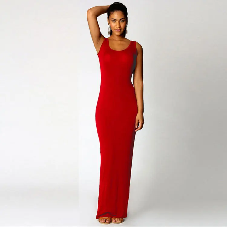 Лето элегантное женское сексуальное платье с высокой талией, весеннее платье с круглым вырезом без рукавов, тонкое длинное платье Vestidos - Цвет: Красный