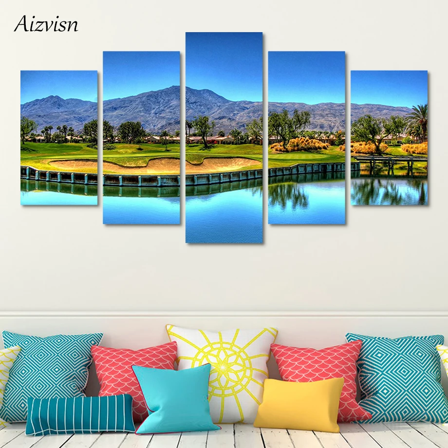 Aizvisn 5 Piece Mountain Golf Course Landscape Poster Modern Wall Art HD Printed Canvas Painting Home Decor Lake Pictures Framed | Дом и сад