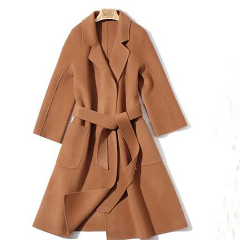 

2019 High Quality Women's Sheep Wool Coat manual Belt Warm Winter Trench Long Sleeve Woolen Overcoat Jackets Manteau Femme A650