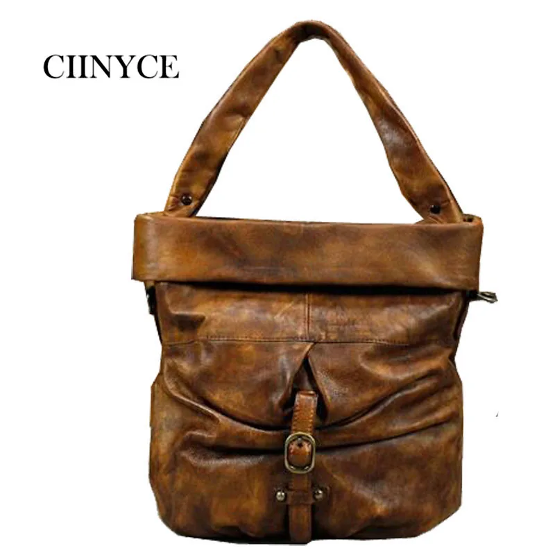 

Genuine Leather Vintage Women Handbag Handmade Cowhide Retro Soft Top Handle Totes Bucket Crossbody Shoulder Messenger Bag