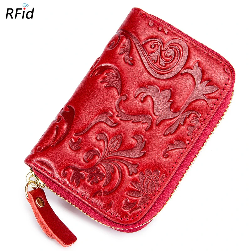 Твердый женский кожаный кошелек аккордеон цветочный тиснение мульти кошельки для Карт RFID кошелек на молнии клатч держатель для карт чехол для дам - Цвет: Красный