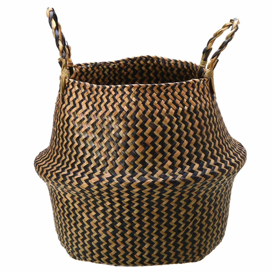 Mayitr Handmade Bamboo Storage Baskets Flower Pot Planter Basket Foldable Laundry Straw Patchwork Wicker Rattan Seagrass Belly