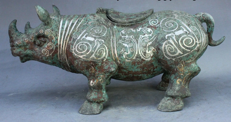 

14" Ancient China FengShui Bronze Rhinoceros Rhino Statue Incense Burner Censer