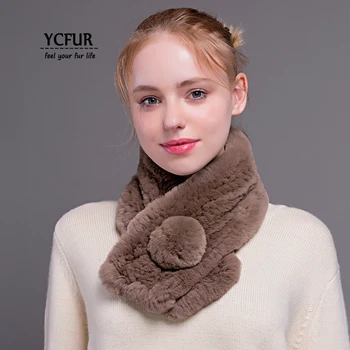 

[YCFUR] Women Witer Scarves Shawls Knit Real Rex Rabbit Fur Scarf For Women Winter Fur Pom Neck Warmer Scarf Female