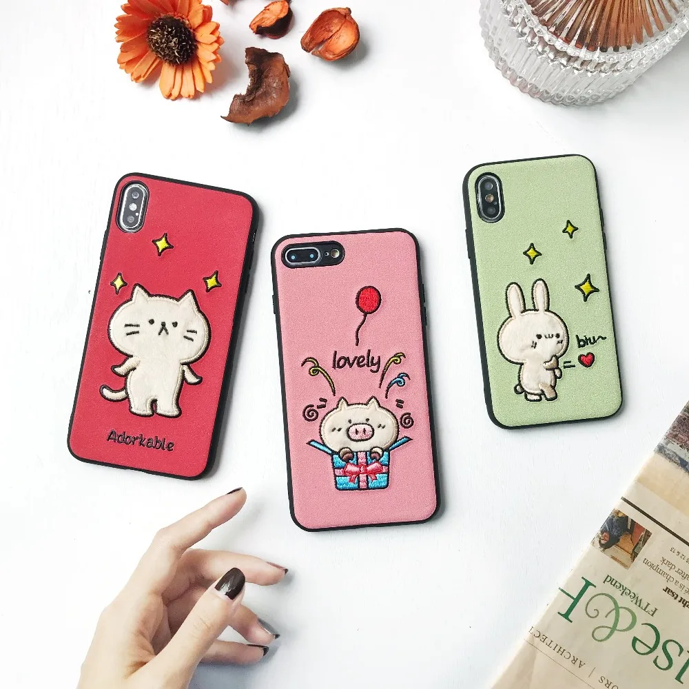 

ORYKSZ Luxury Cartoon Cute Embroidery Rabbit Phone Case For iPhone X 6 6s 7 8 Plus XS XR XS Max Leather Matte Soft Back Cover