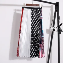 Женские длинные юбки в горошек с буквенным принтом Эластичная Высокая Талия Лето Осень миди юбки для женщин s A Line плиссированная юбка