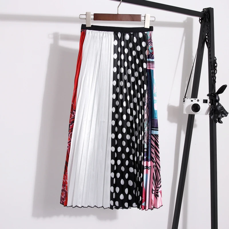 

Women Long Skirts 2019 Ploka Dot Letter Print Elastic High Waist Summer Autumn Midi Skirts Womens A Line Ladies Pleated Skirt