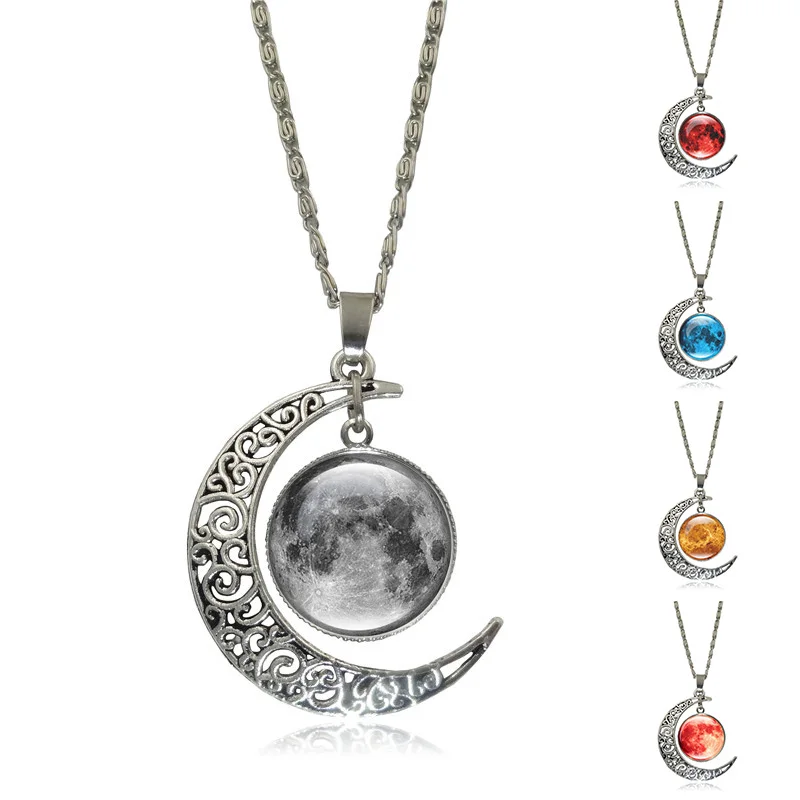 Galaxy Planet Necklaces & Pendants Glass Cabochon Picture Silver Half Moon Pendant Statement Chain Necklace for Women Jewelry