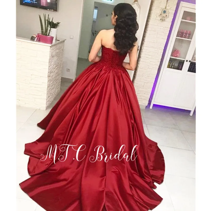 

Gorgeous Burgundy Ball Gown Arabic Evening Dress 2019 Newest Sweetheart Sweep Train Lace Satin Formal Prom Gowns Custom Made