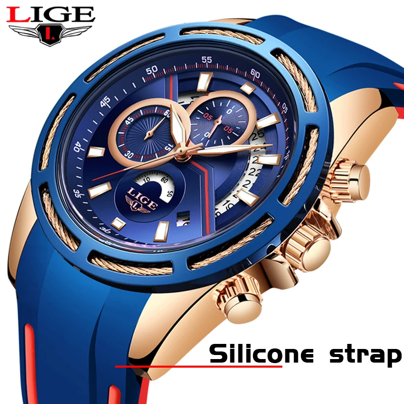 

LIGE Waterproof Silicone strap Mens Watches Top Brand Luxury Military Sport Watch Men Waterproof Breathable Clock Quartz Watch