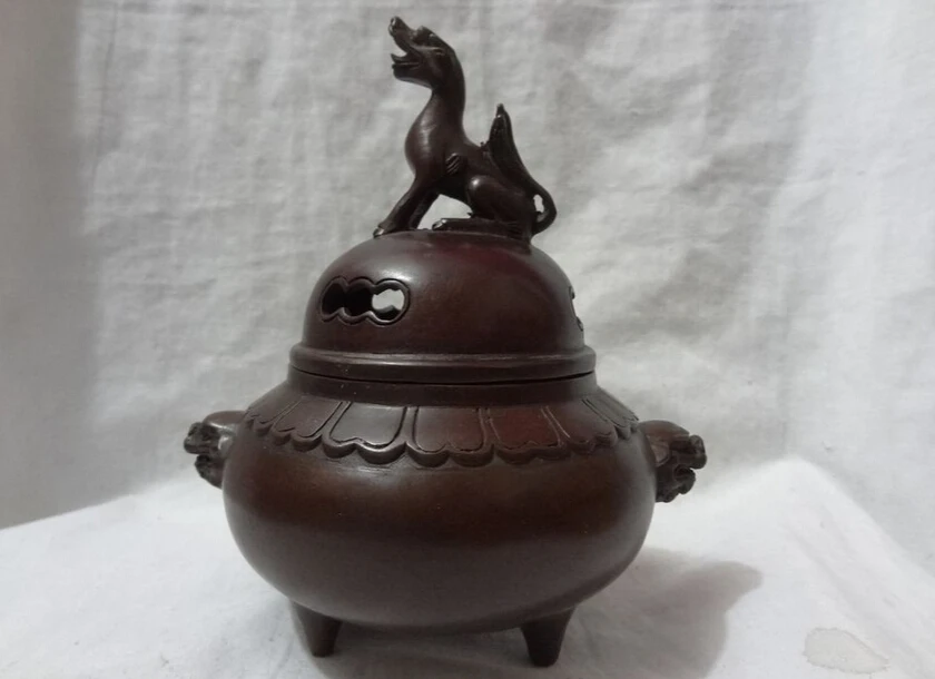 

S3784 Chinese Buddhist Bronze Lion PiXiu Head Statue Old Unicorn Incense Burner Censer D0317