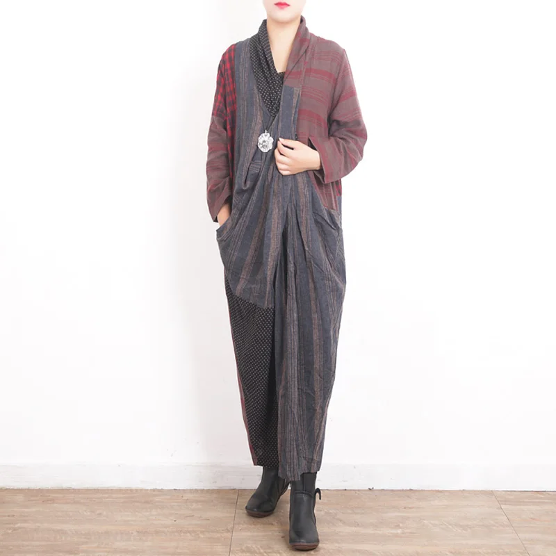 

Johnature Women Patchwork Cotton Linen Dresses 2019 Autumn New V-Neck Long Sleeve Vintage Robes Loose Women Elegant Dresses