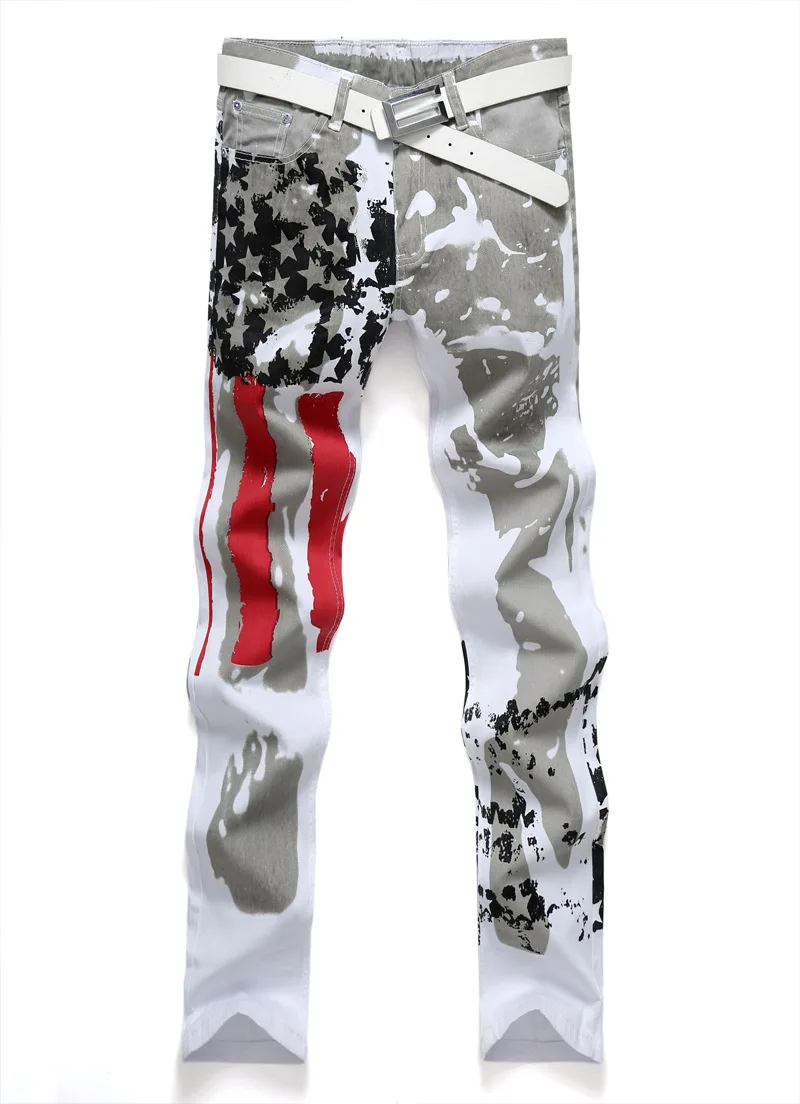 

Men's Flag Print Denim Jeans Fashion Washed Star Pattern Coloured Pants Slim Fit White Cotton Pant 28-46