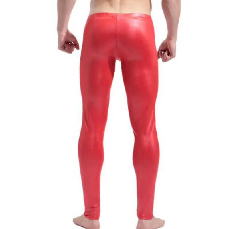 Men Black Red Stretch Legging Pants Stage Performance Sexy Lingerie Skinny Low Waist Faux Leather PVC Gay Club Dance Wear Leggings (2)