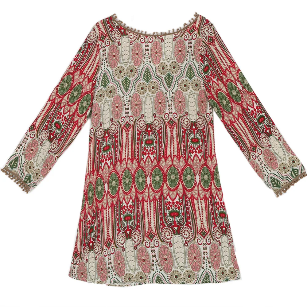 Fashion Summer Vintage Ethnic Dress Sexy Women Boho Floral Printed Casual Beach Dress Loose Sundress