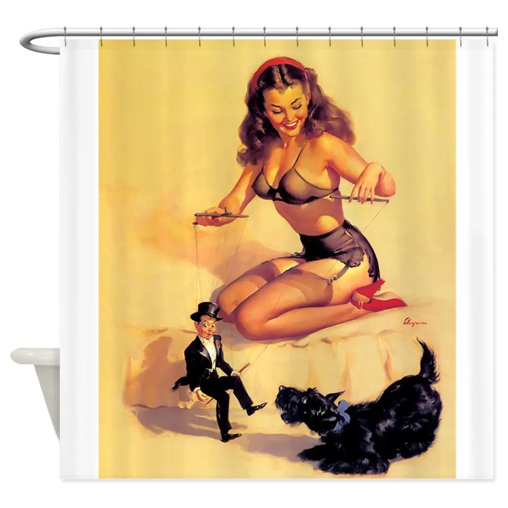 

Pin Up Girl, Puppet, Dog, Vintage Shower Curtain Decorative Fabric Shower Curtain Set and Anti-slip Floor Mat Outdoor Rugs