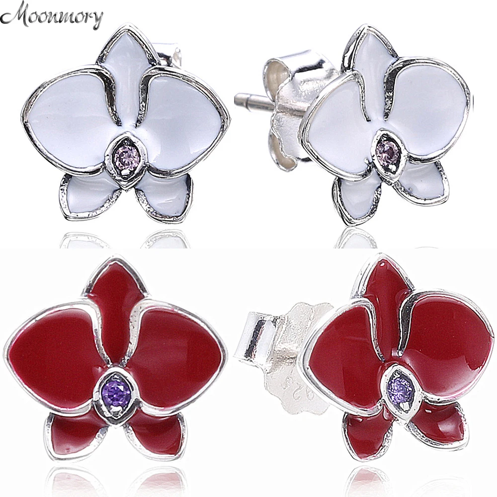 

Moonmory 925 Sterling Silver Orchid Stud Earring With White Red Enamel For Woman Fashion Jewelry Making Authentic Silver