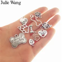 10 Uds. Julie Wang, amuletos de corazón con huellas de perro de hueso mixto, colgante de aleación Color plateado antiguo, accesorios para hacer joyas